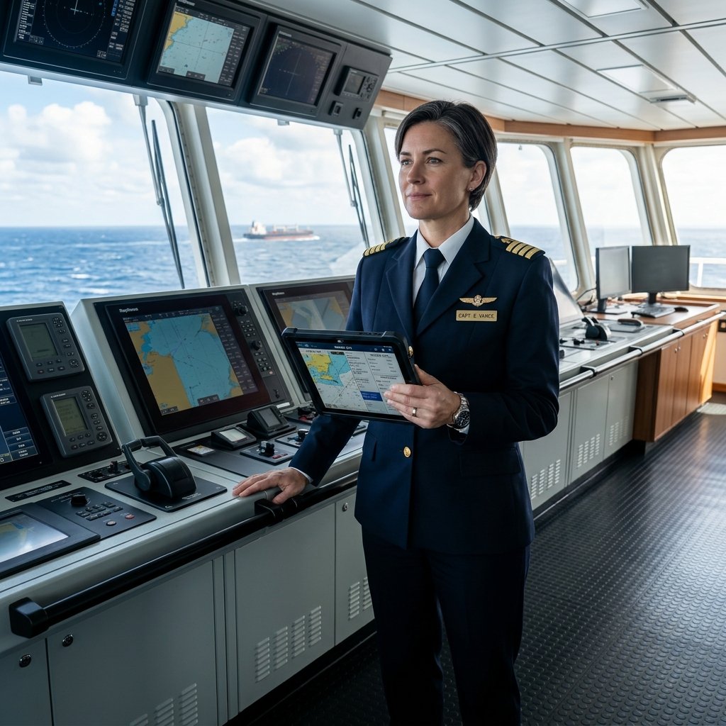 Captain on bridge using tablet